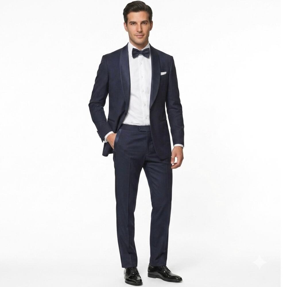Suitsupply Havana Shawl Tuxedo Slim Full Suit Blue US 38S Vitale Barberis Wool